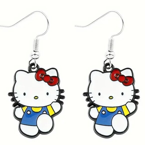 Sanrio Hello Kitty Earrings Enamel Jumper Blue Dangle Silver Tone Goth Emo Scene - Picture 2 of 3